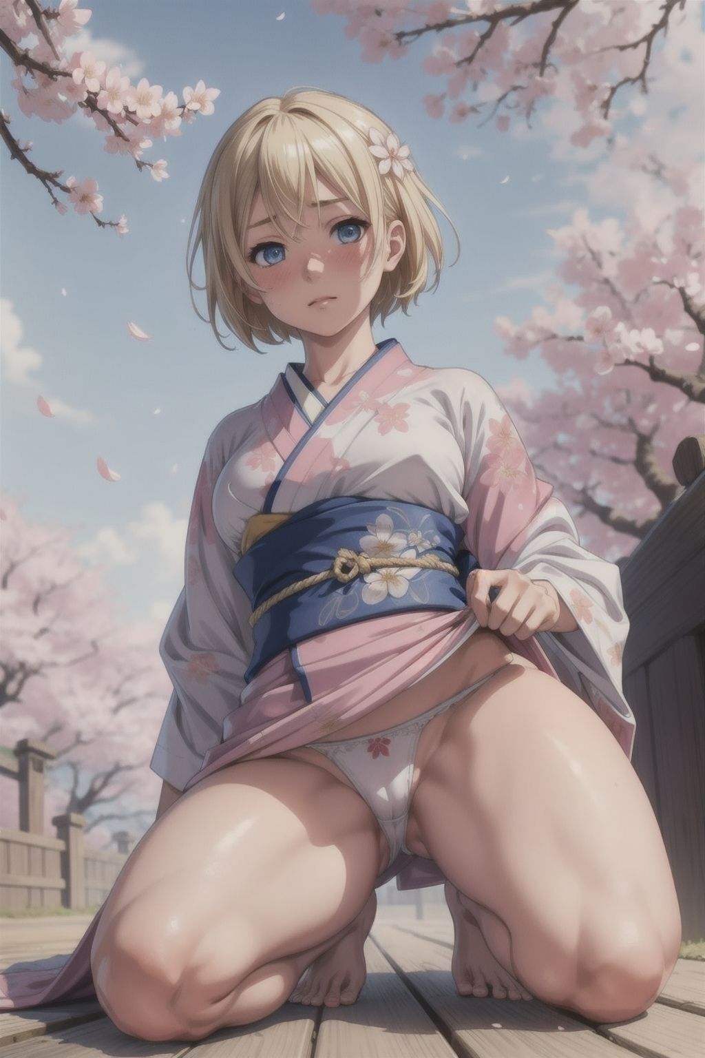 ブロンドショートの桜と着物 - サンプル画像 1