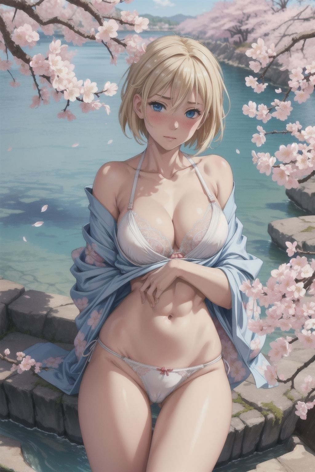 ブロンドショートの桜と着物 - サンプル画像 2
